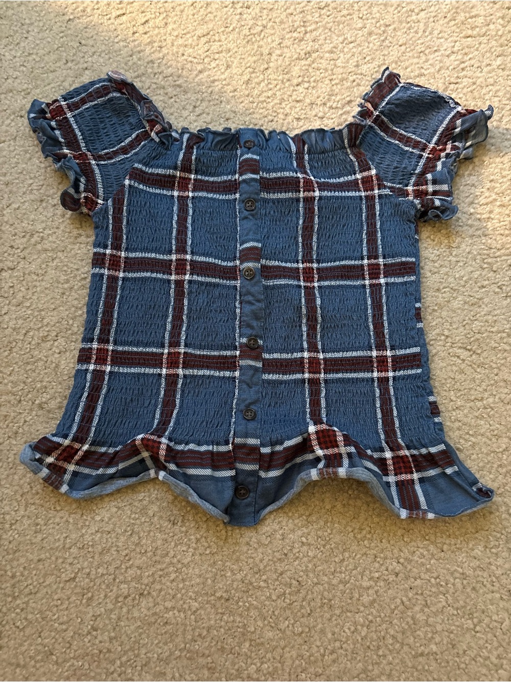 Juniors Blue Plaid Button-Front Off-Shoulder Top